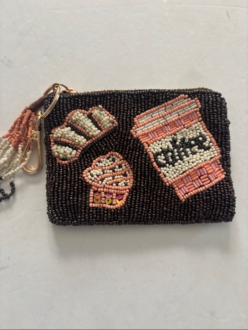 BROWN AND PINK BEADED MINI BAG OR COIN PURSE 5” X 4” HAS BEADED TASSEL ZIP PULL